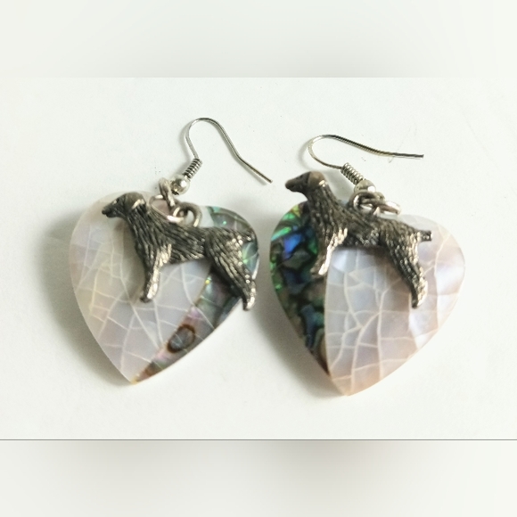 Natural Handcrafted Mother of Pearl Abalone Heart and Dog Charm Earrings - Picture 1 of 10